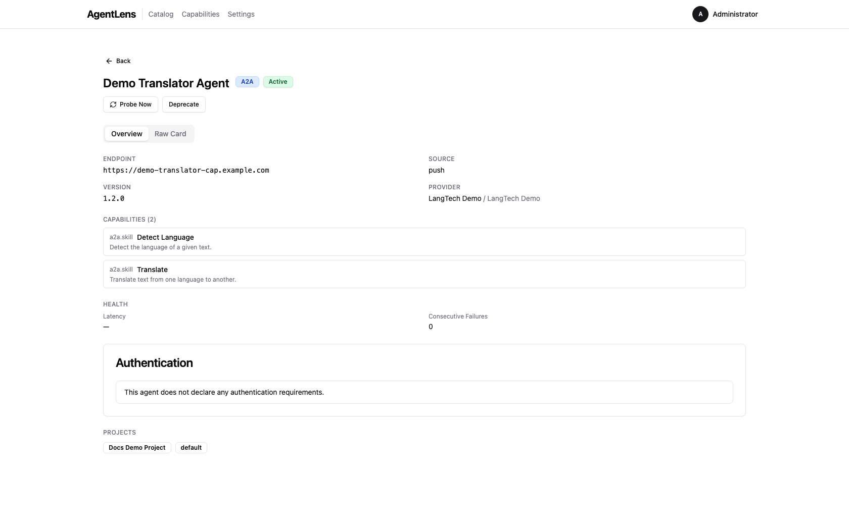 Agent detail page showing clickable capability name links