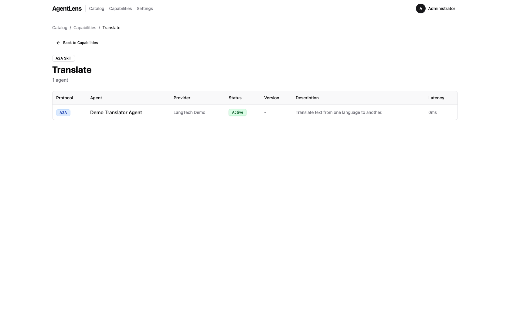 Capability detail page showing a table of agents offering the selected capability