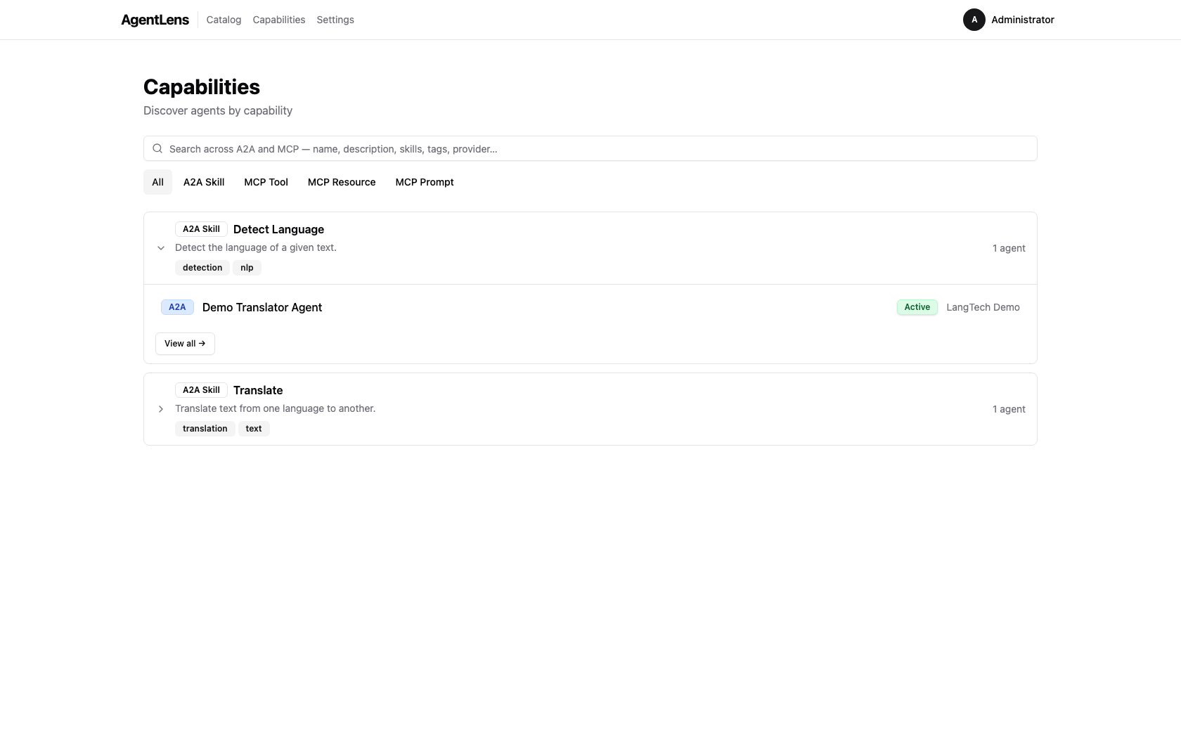 Capabilities list with one accordion group expanded showing agents