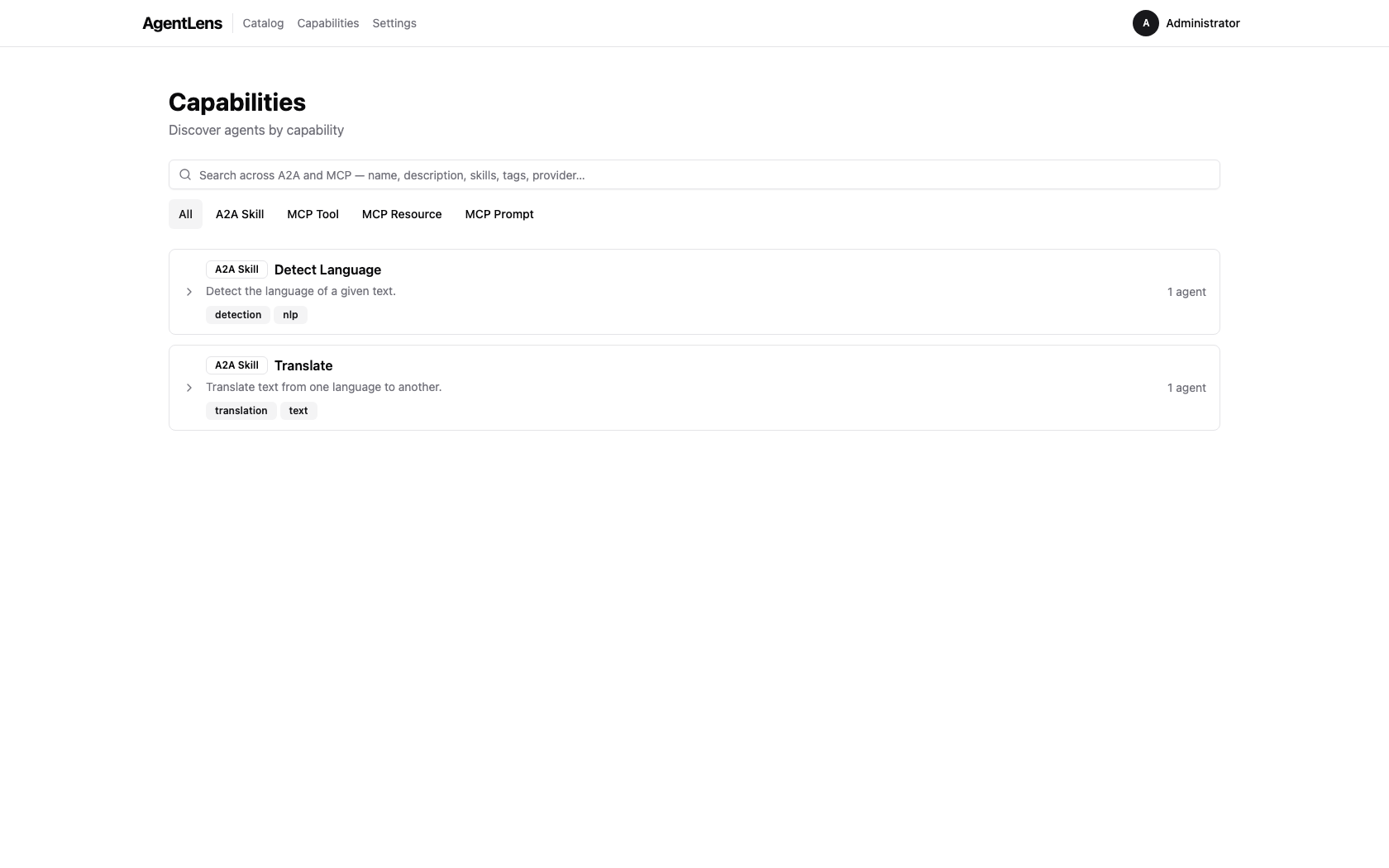 Capabilities list page showing accordion groups of skills and tools