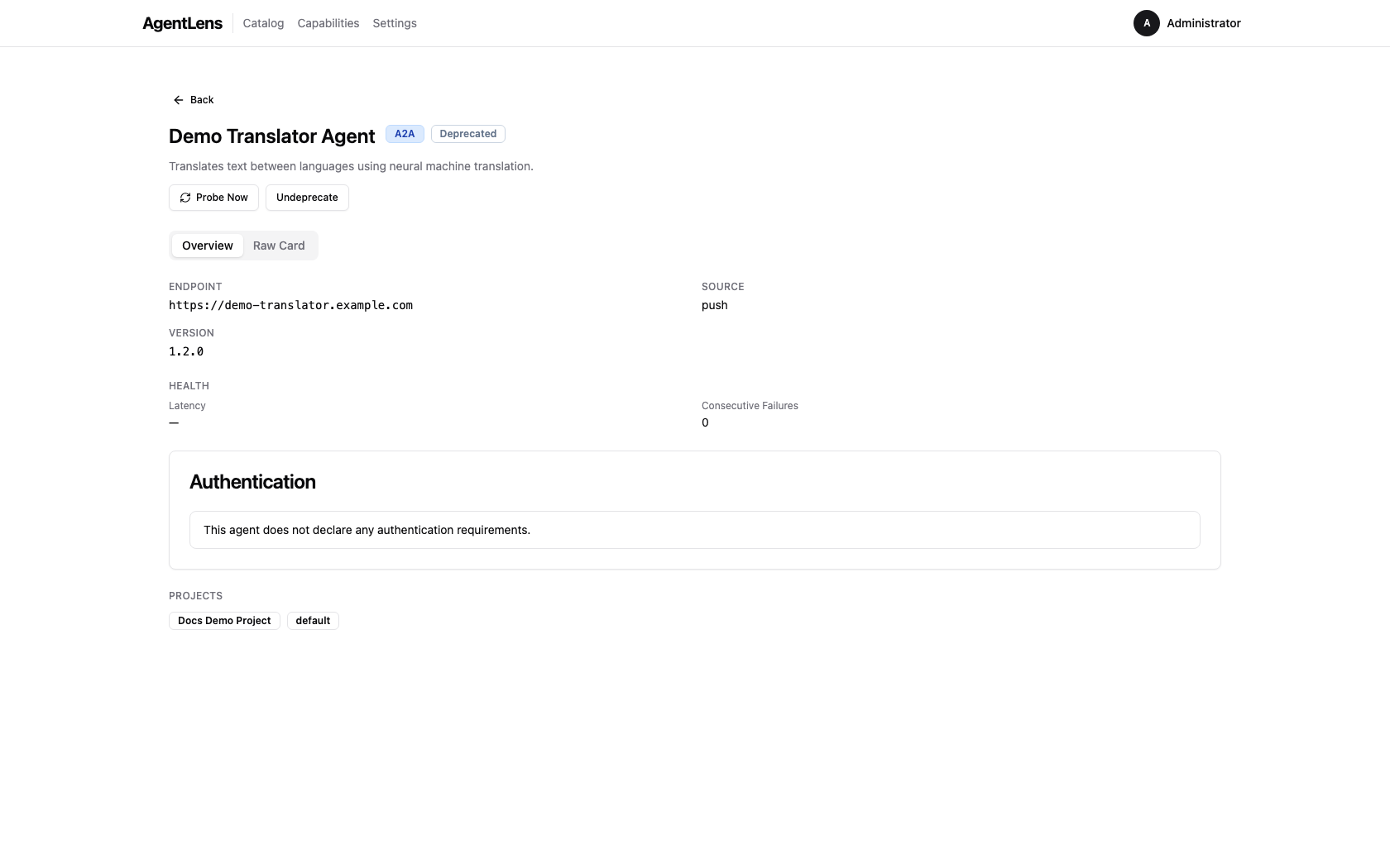 Agent detail page showing the Docs Demo Project badge below the authentication section