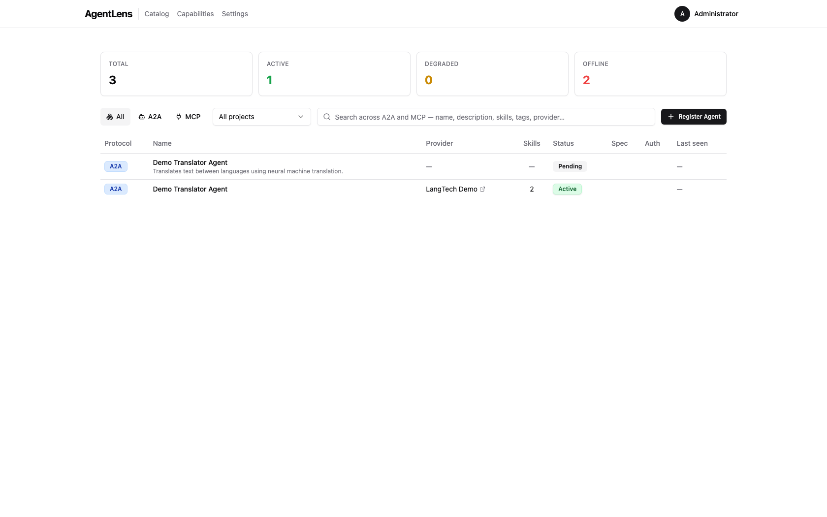Catalog filtered to show only A2A protocol entries