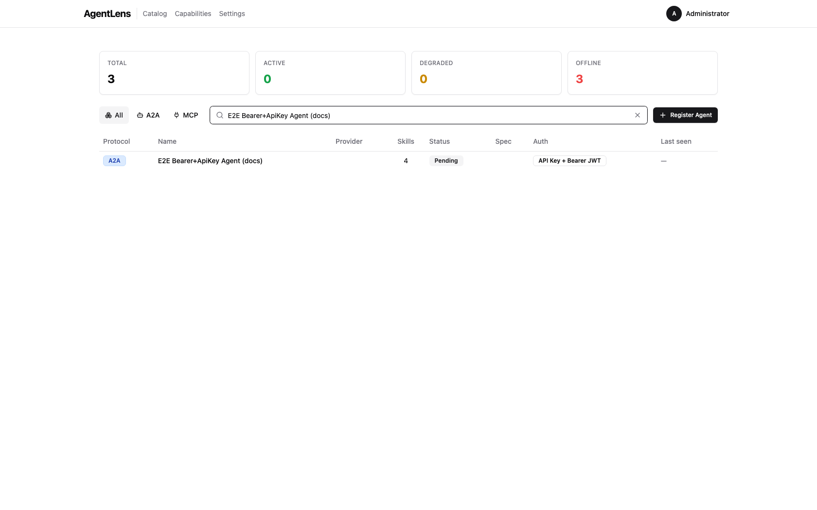 Catalog list showing Auth column with authentication badges