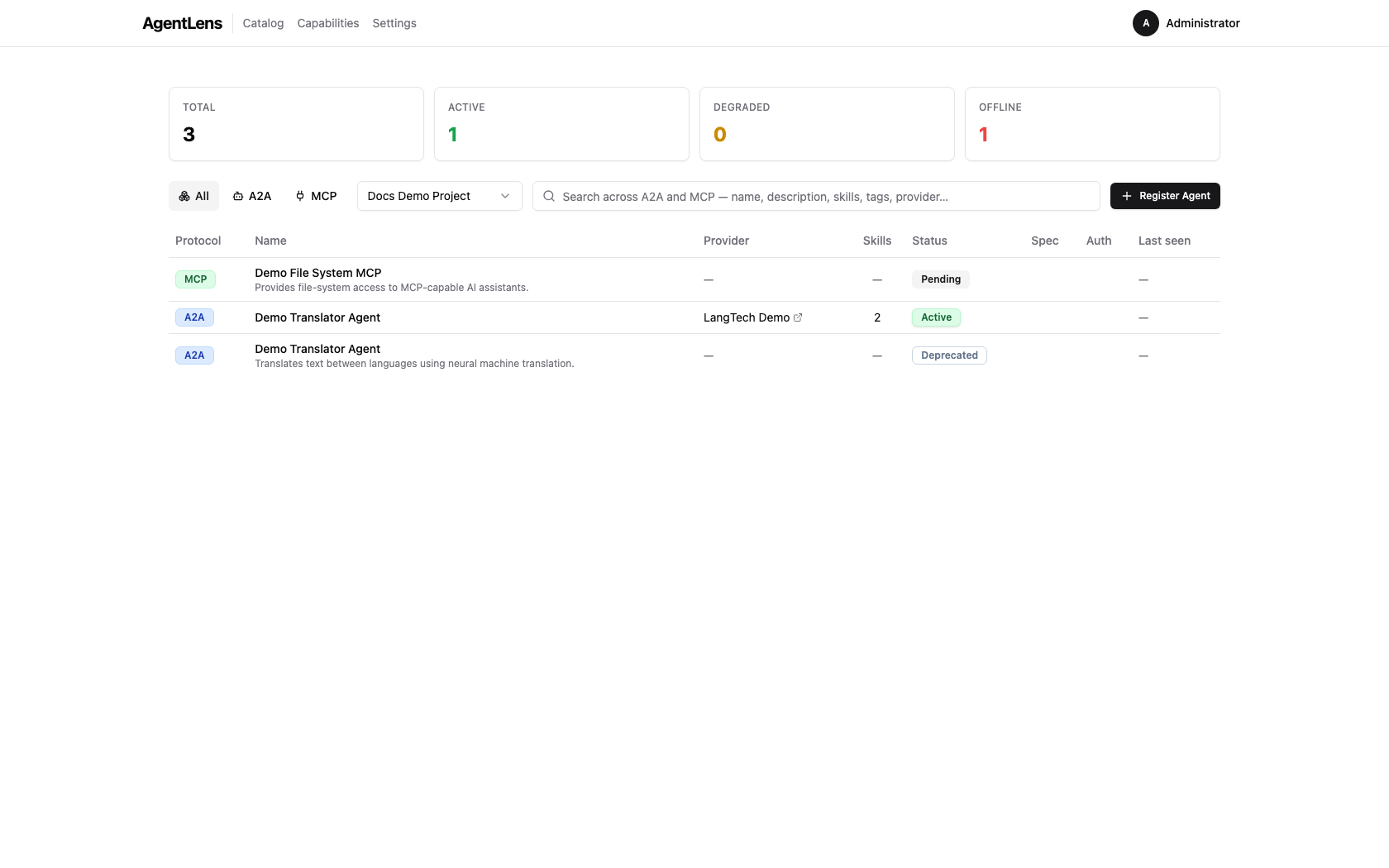 Catalog list filtered to the Docs Demo Project, showing both the A2A and MCP entries