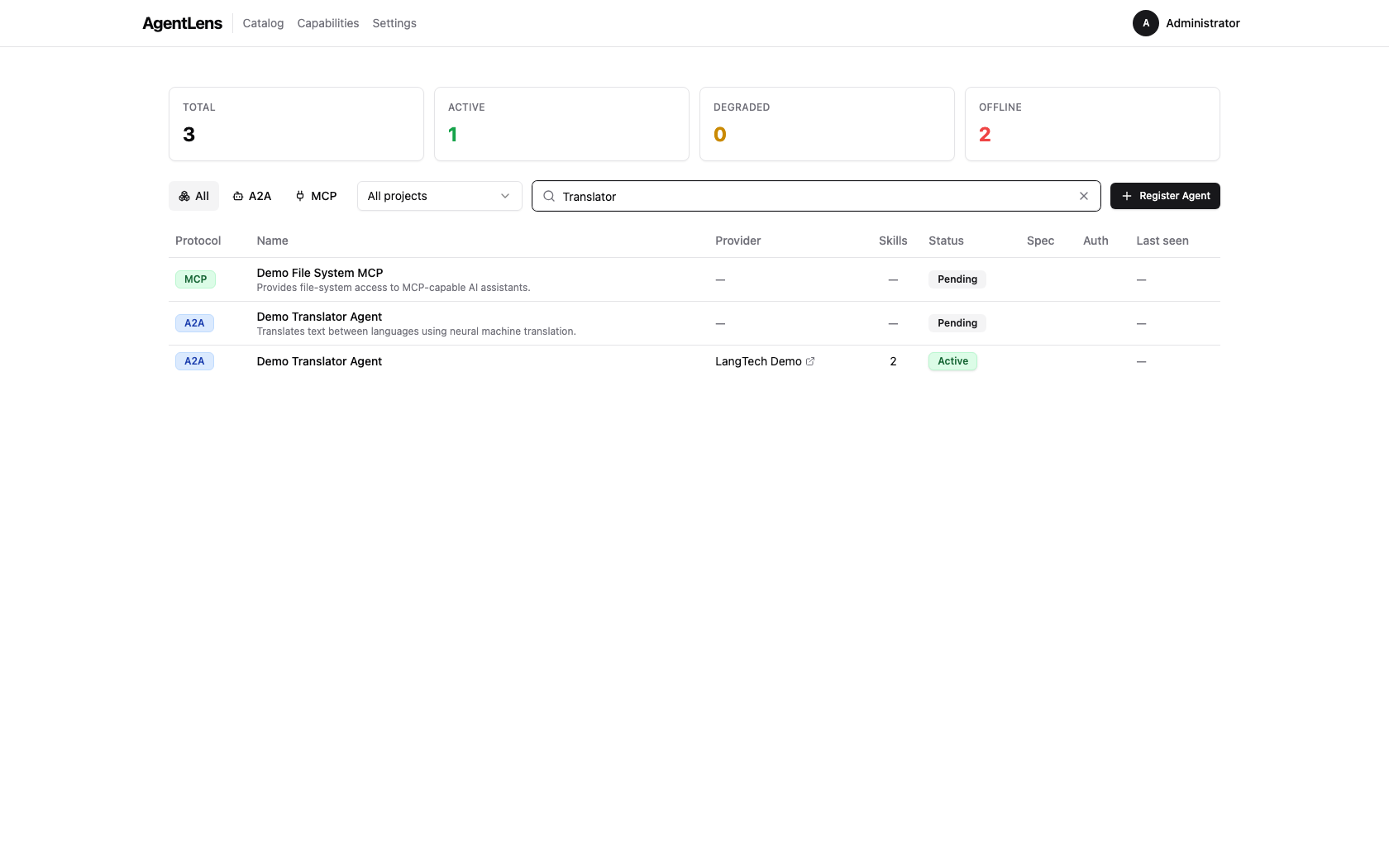 Catalog with an active text search for "Translator"
