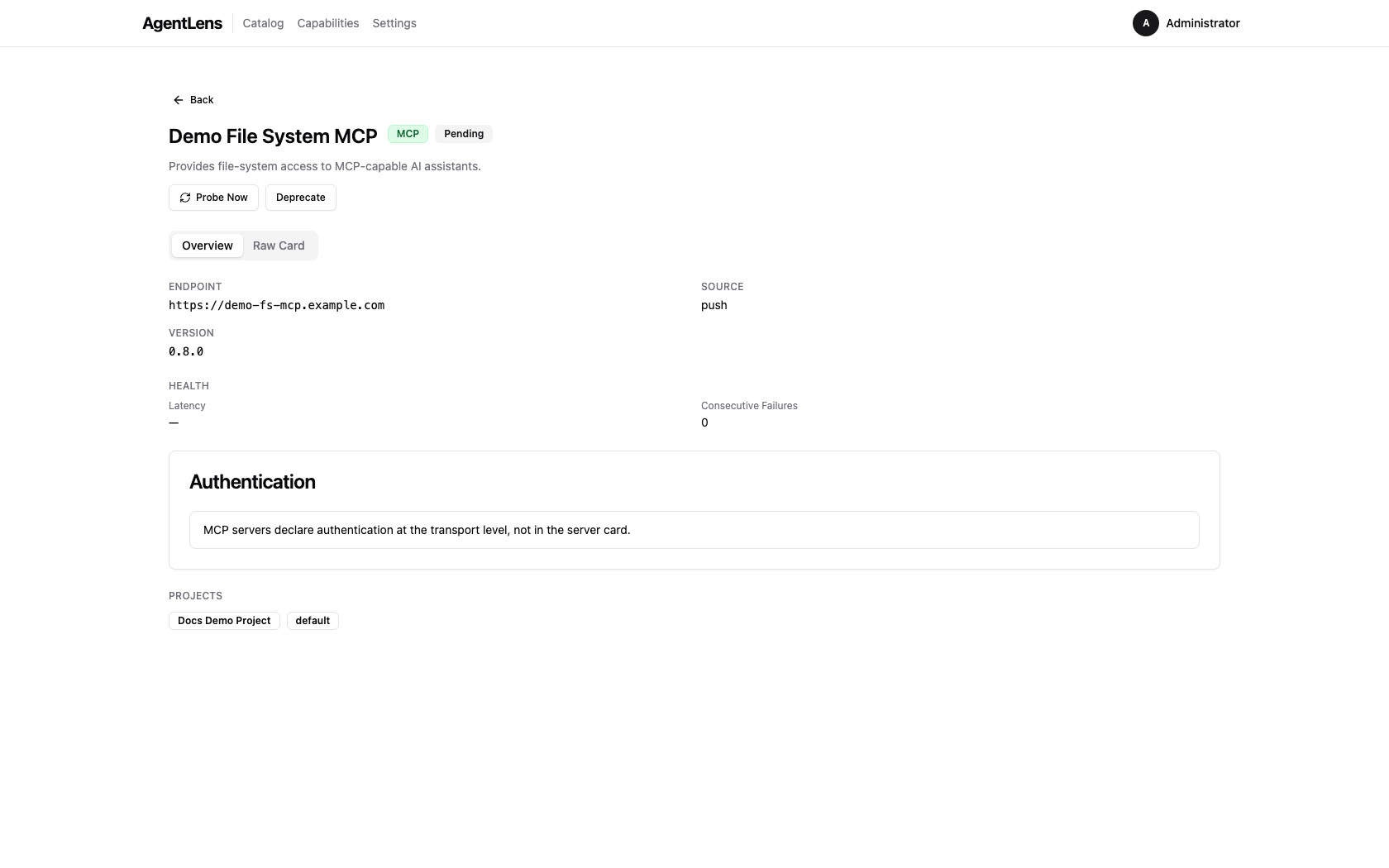Detail page for an MCP server entry