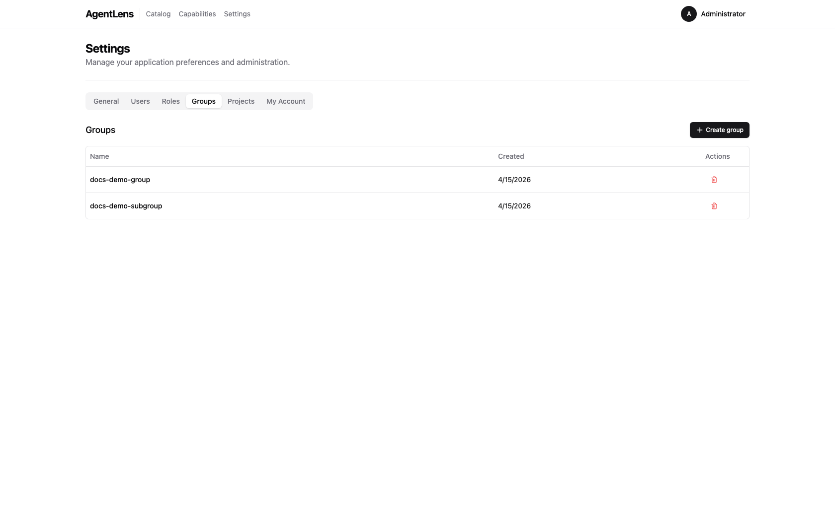 Settings page showing the Groups tab populated with demo groups