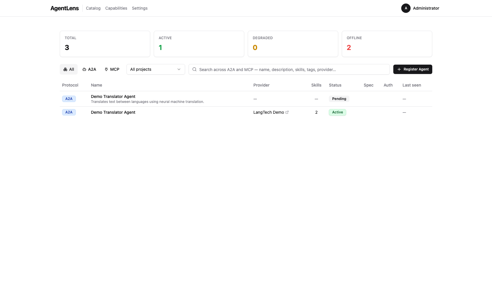 Catalog table showing status badges per row