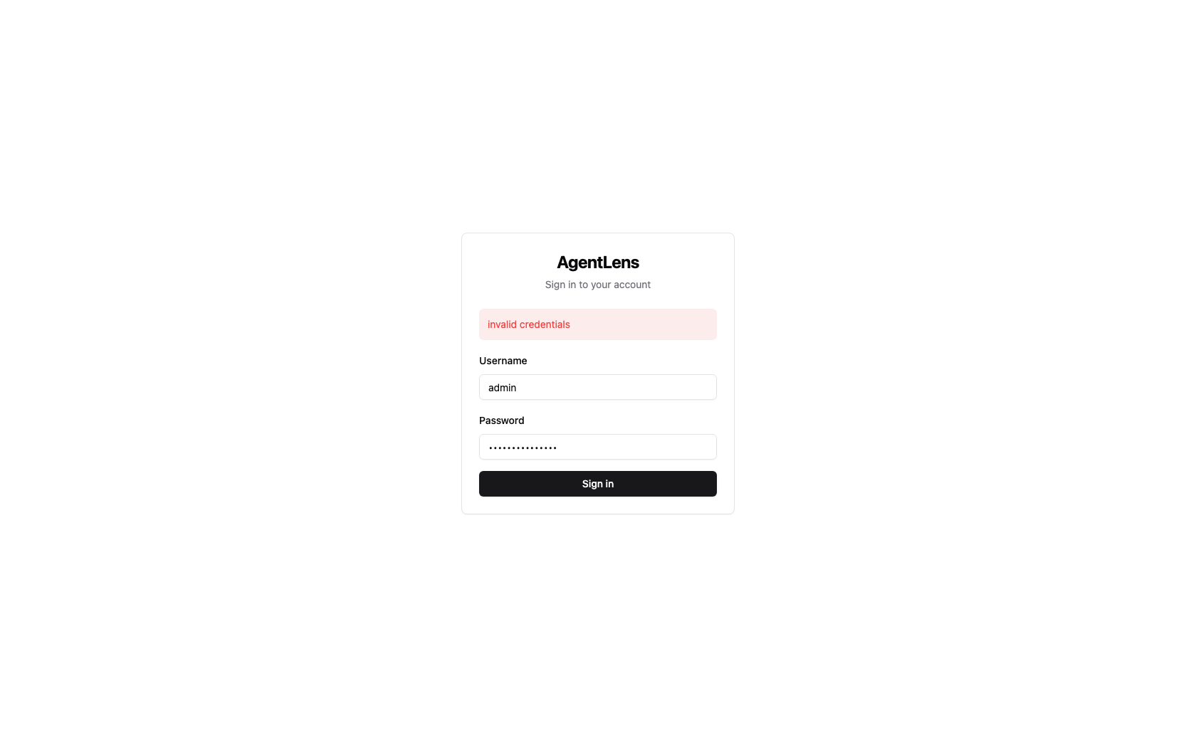 Login form showing an error message