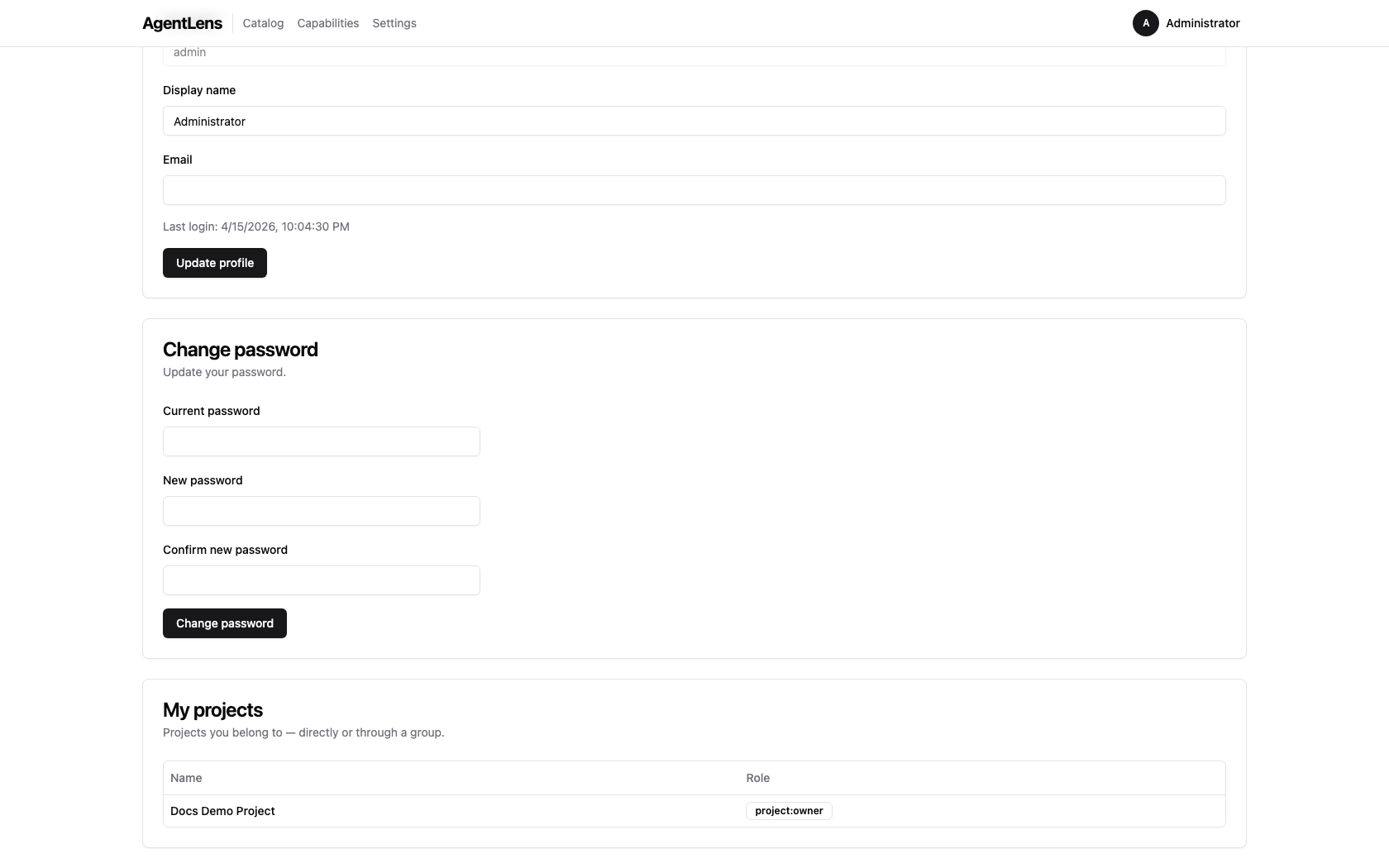 My Account tab with a populated My projects card
