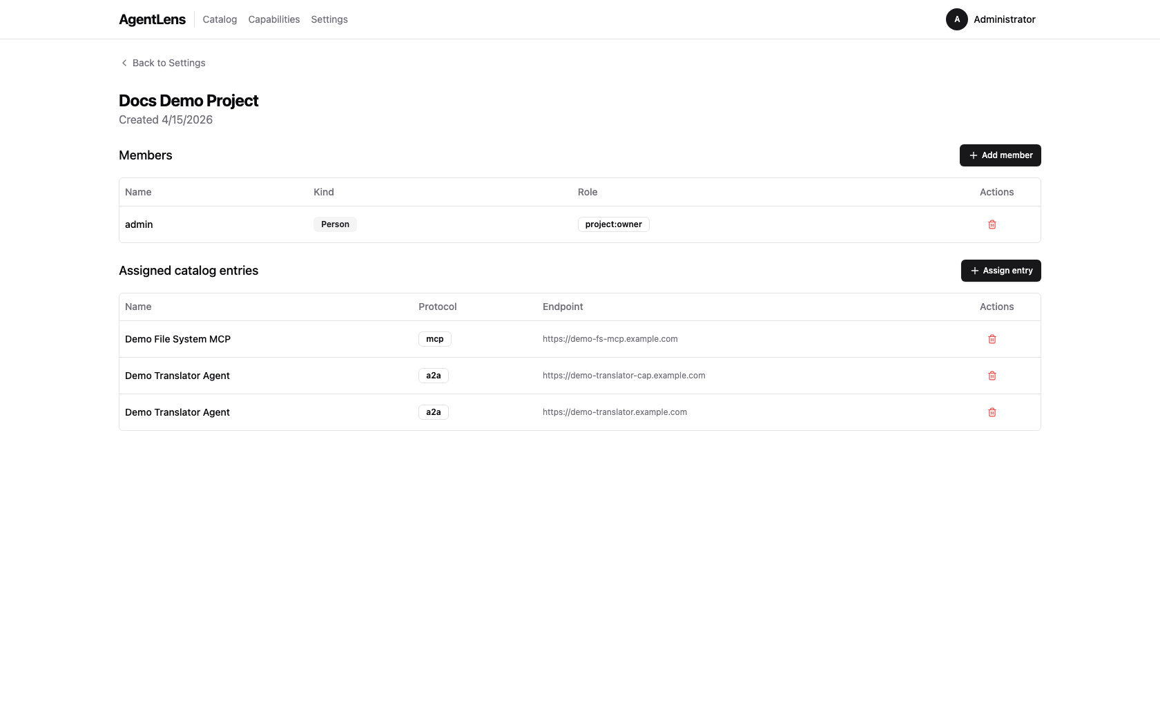 Project detail page showing an owner, an A2A agent, and an MCP server assigned to the project