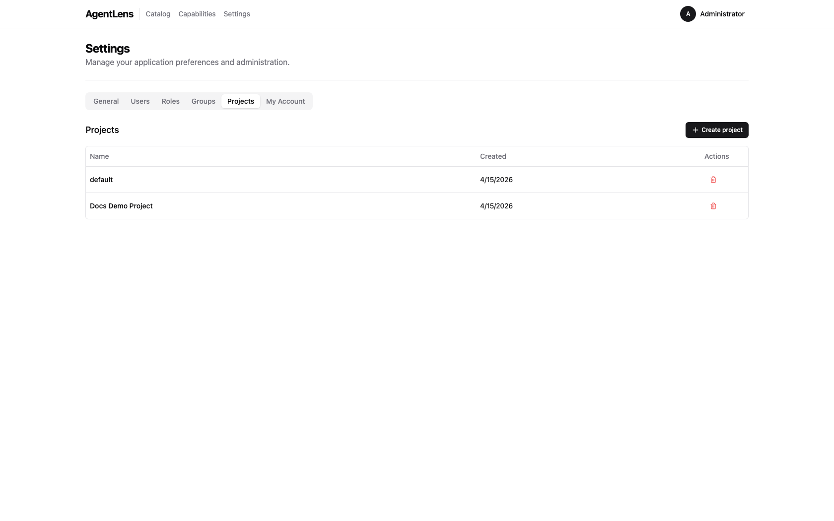 Settings page showing the Projects tab with default and Docs Demo Project rows