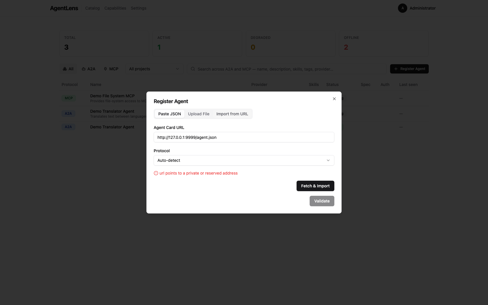Import from URL showing the SSRF guard error for a private address