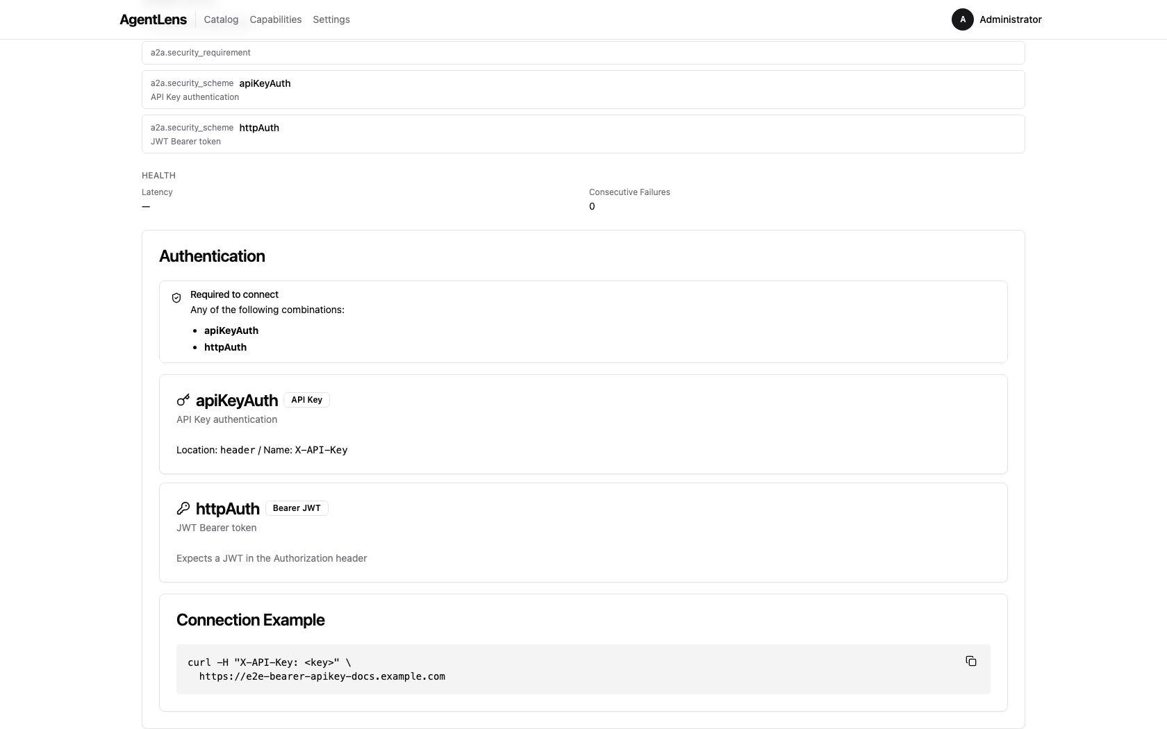 Detail page showing bearer auth with requirements banner and connection recipe