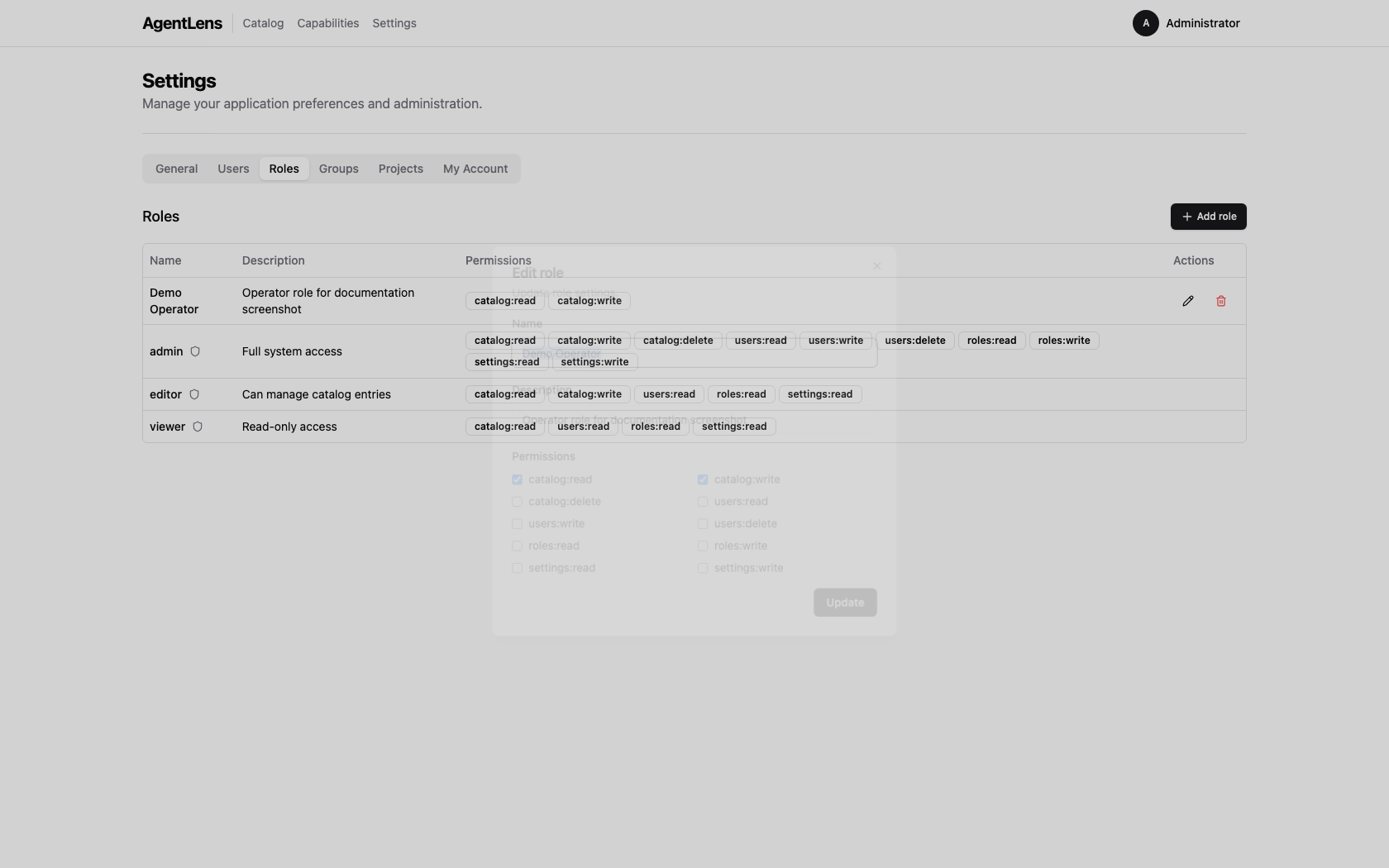 Editing a non-system role — permissions checkboxes visible