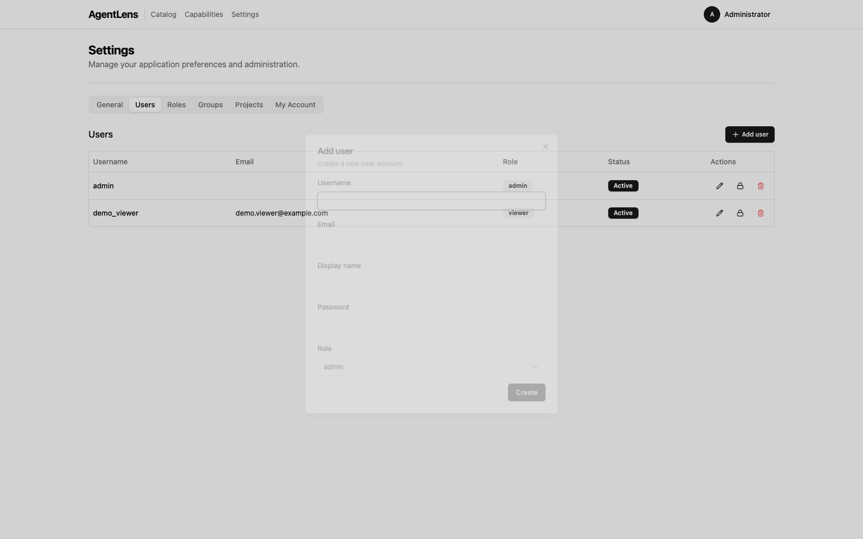 Users tab showing the Add User dialog