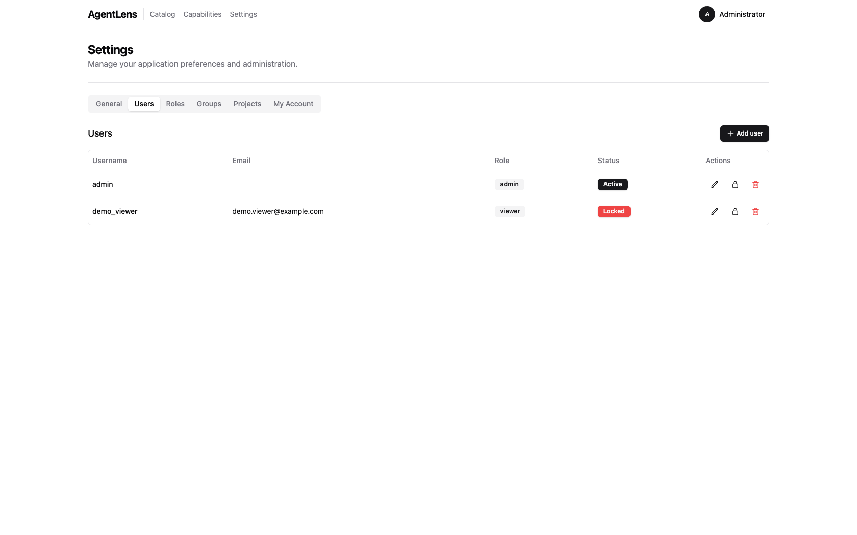 Users list with a locked user row visible